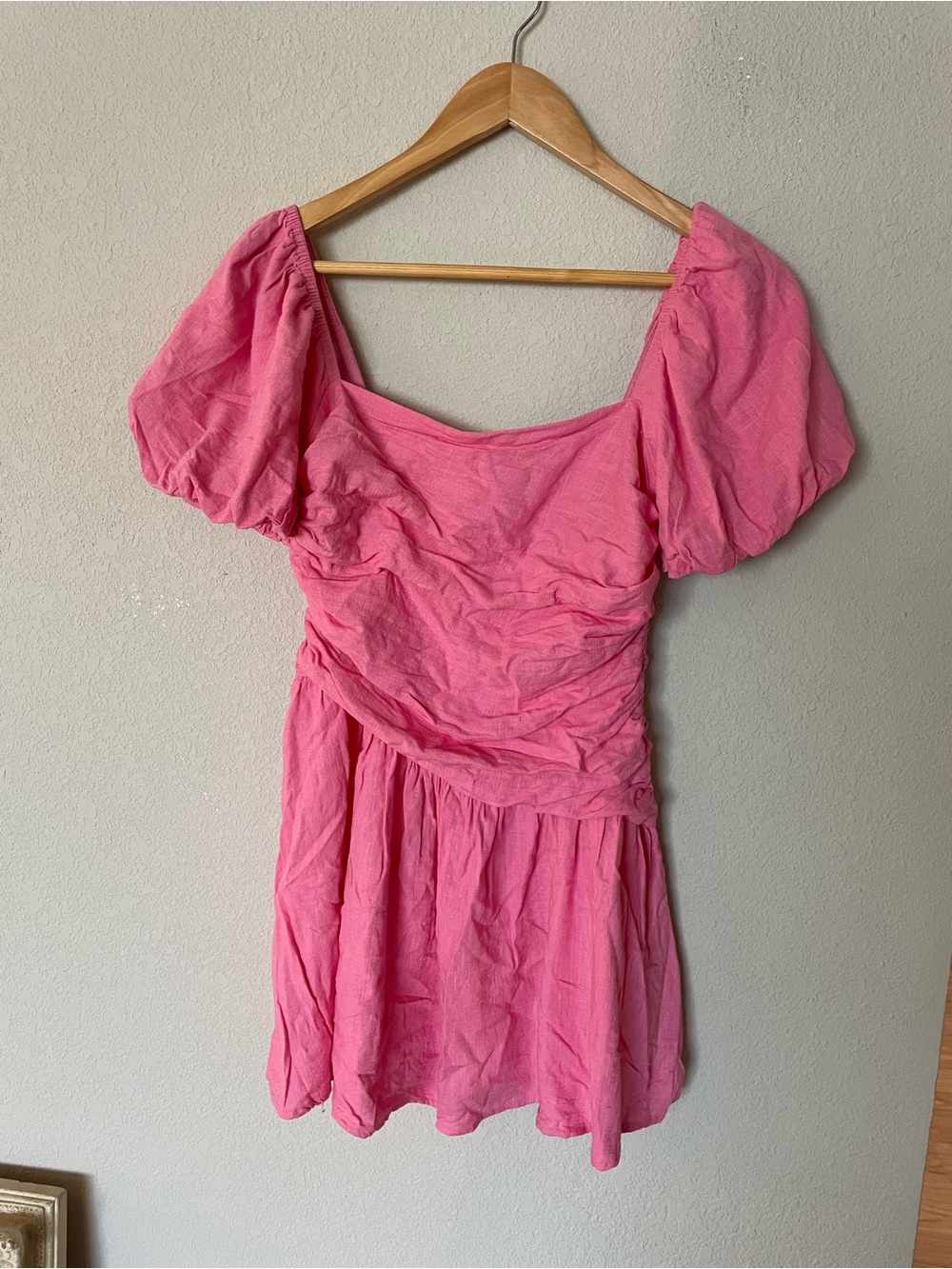Hello Molly Pink Puff-Sleeve Mini Dress linen girly bachelorette trip summer